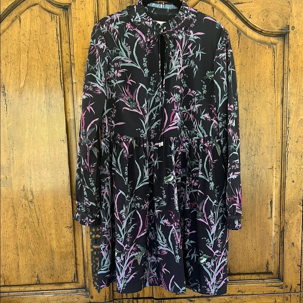Black Floral Long Sleeve Tiered Dress with Pink & Mint Print